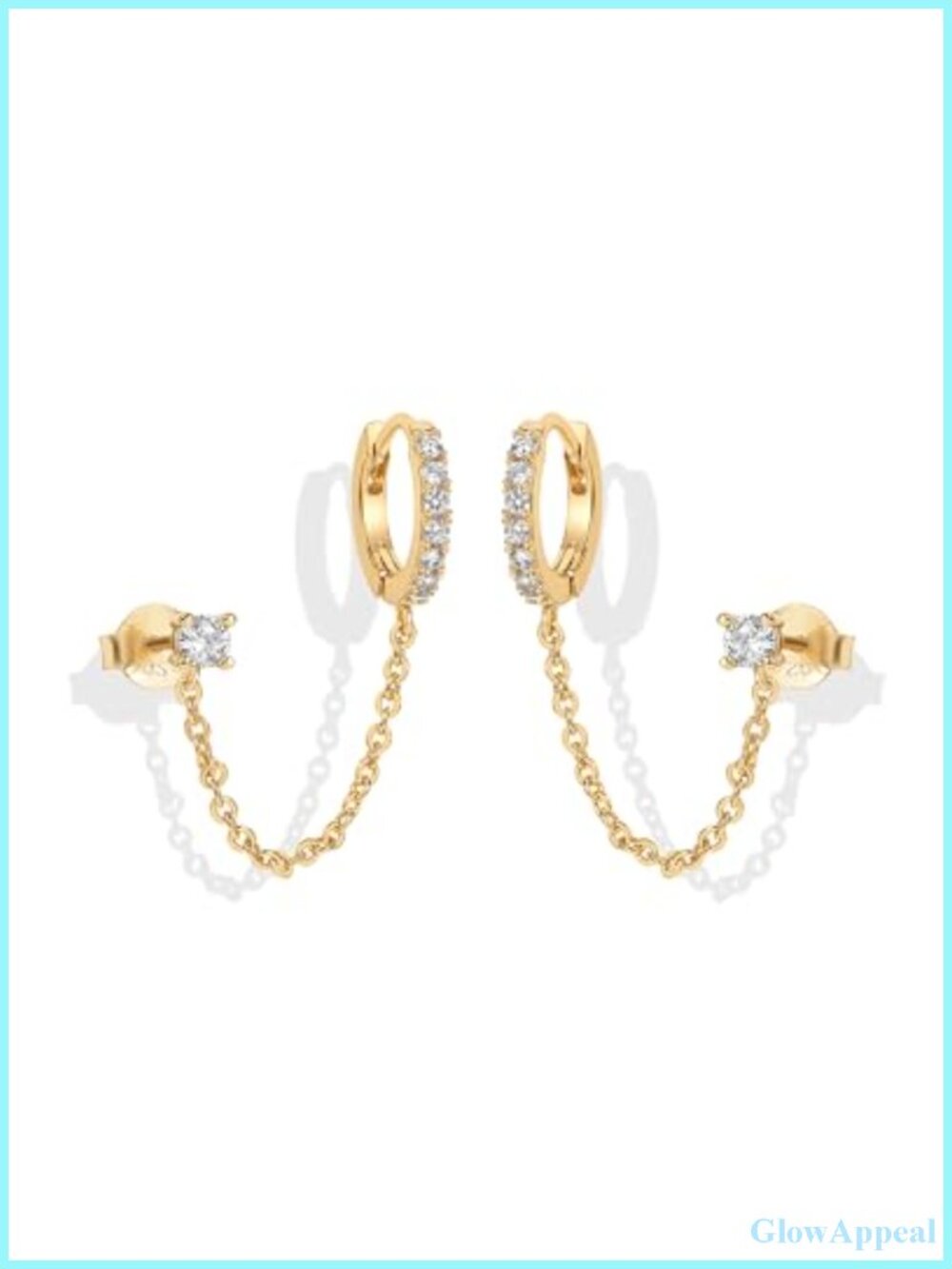 14K Gold Plated Double Piercing Ear Chain Huggie Hoop CZ Pearl Stud Earrings Set